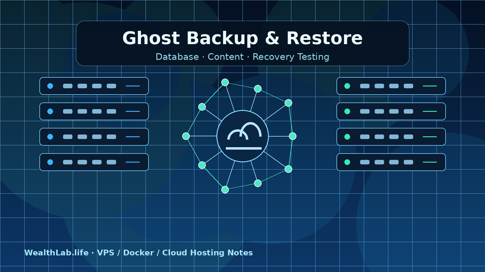 Ghost Docker database and content backup flowing into a verified restore environment