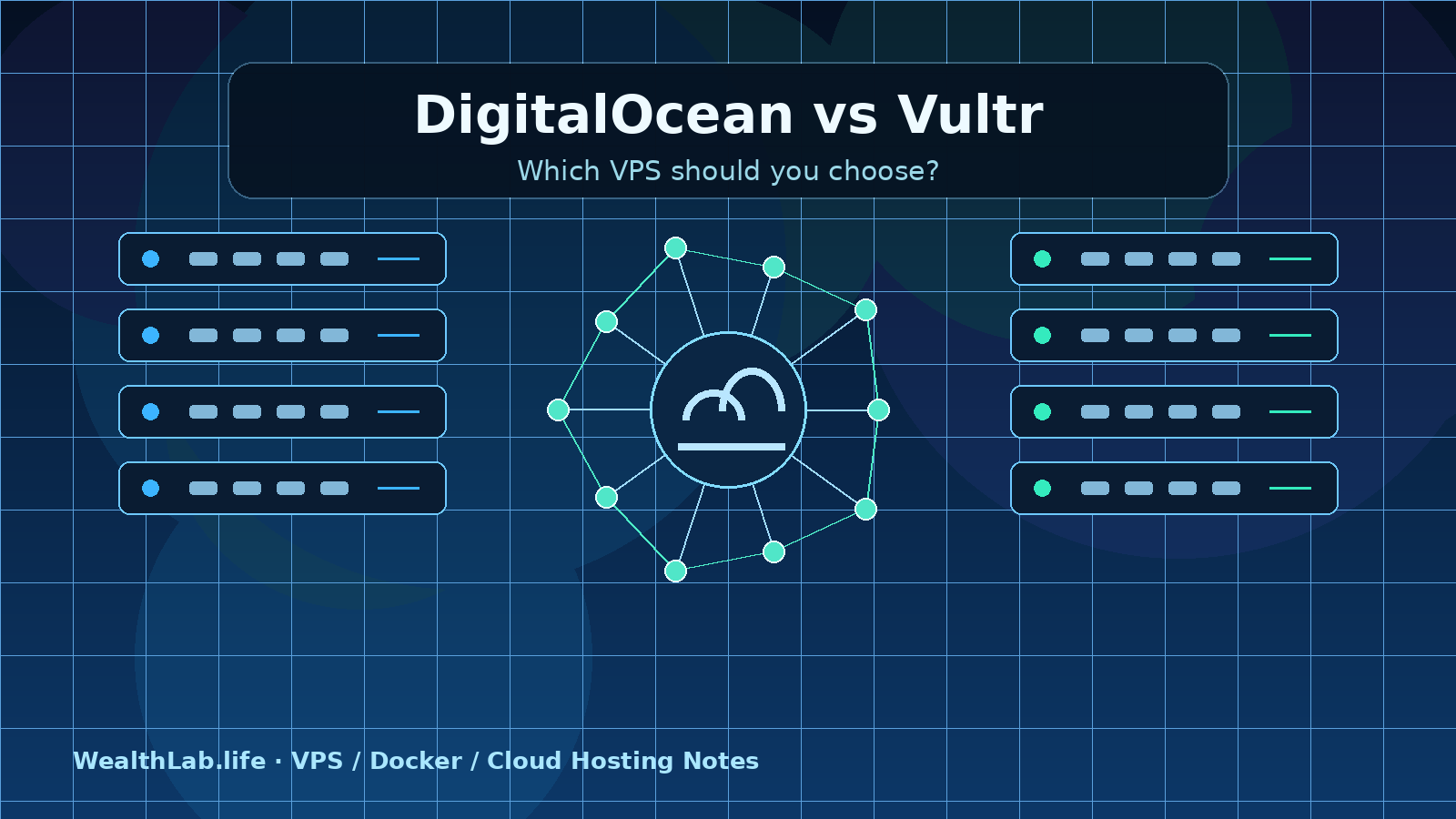 Abstract illustration of two cloud server stacks connected through a network diagram for a VPS comparison article