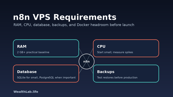 Diagram-style illustration of an n8n automation node running on a VPS with CPU, RAM, database, and backup indicators