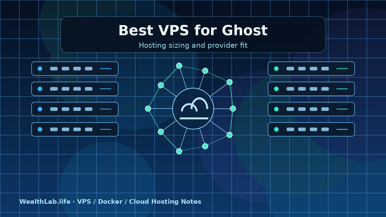 Illustration comparing server stacks and cloud infrastructure for a Ghost hosting decision
