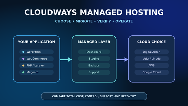 Diagram showing an application passing through the Cloudways managed layer to a choice of cloud infrastructure